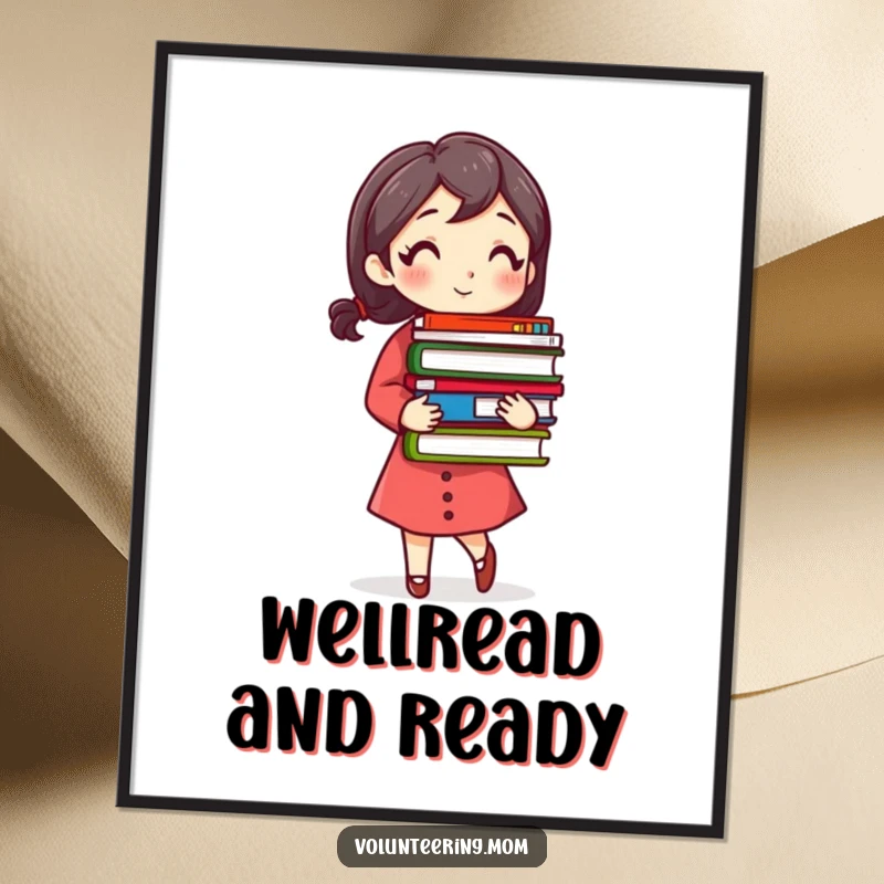 Funny Free Printable Wall Art: Mom precariously balancing a massive stack of colorful books, a humorous sight.