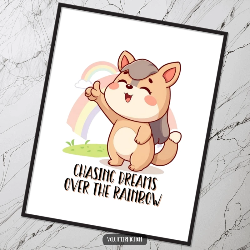 Funny Free Printable Wall Art: A Mom animal excitedly pointing at a distant, colorful rainbow, evoking dreams and hope.