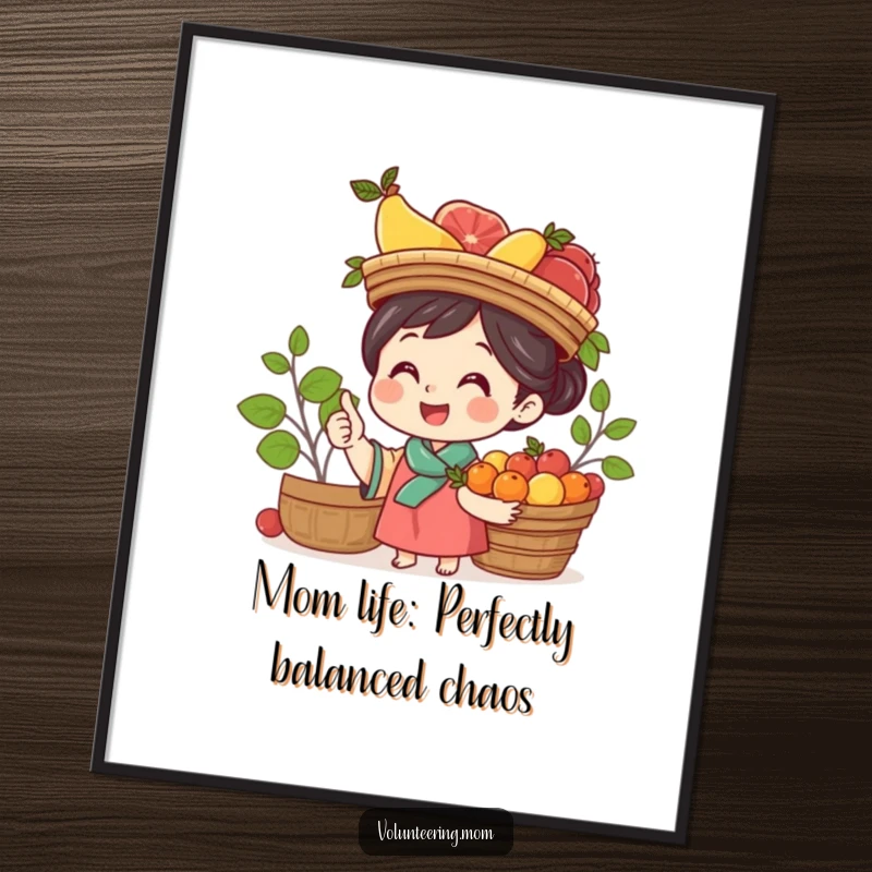 Funny Free Printable Wall Art: A whimsical illustration of a mom joyfully balancing a large, colorful fruit basket on her head with a big smile.