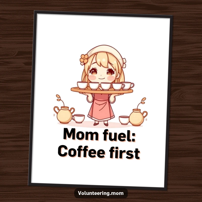 Funny Free Printable Wall Art: A mom character balances a tray filled with steaming cups, embodying the spirit of multitasking and comfort.