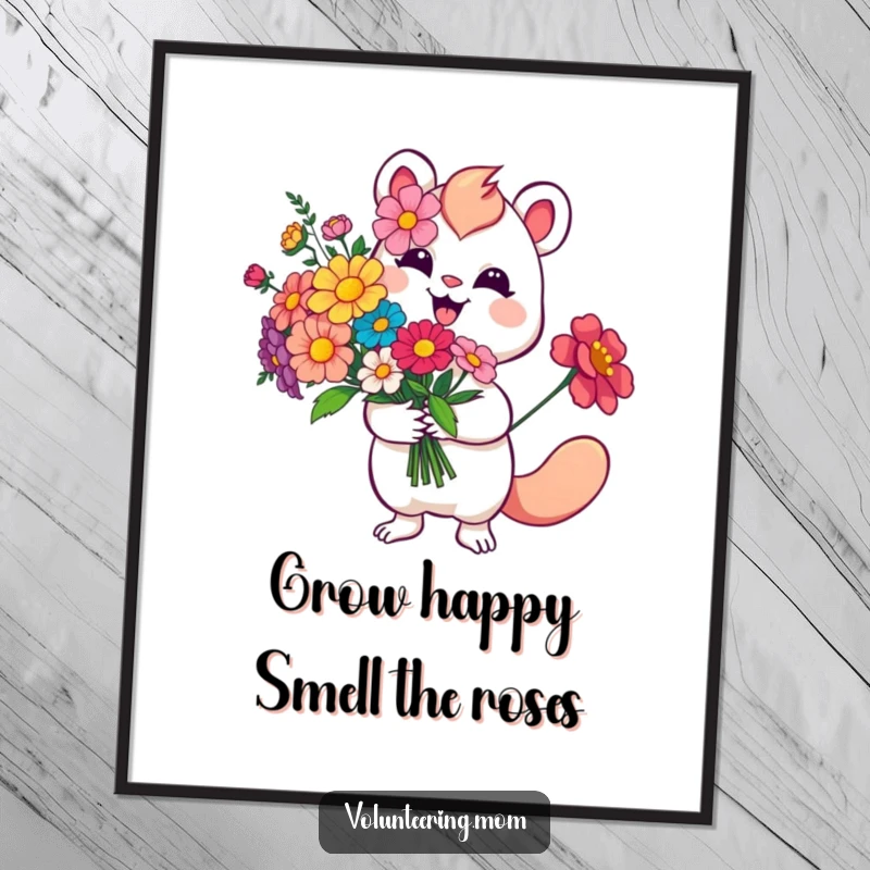 Funny Free Printable Wall Art: Whimsical creature offering a vibrant bouquet of flowers with a warm smile, cheerful art.