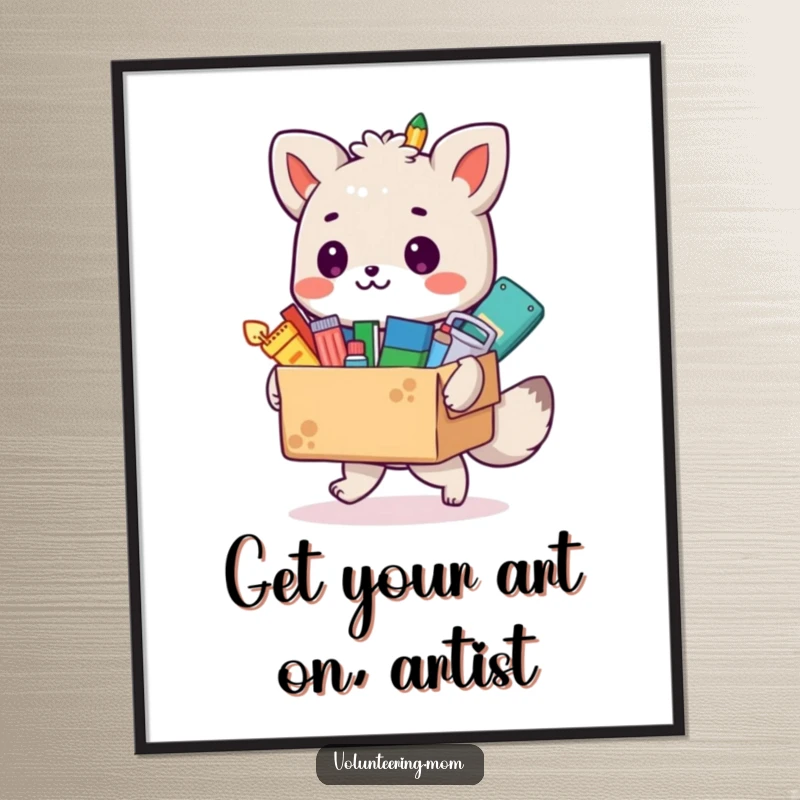 Funny Free Printable wall art: A whimsical animal character carries a box overflowing with vibrant art and craft supplies.