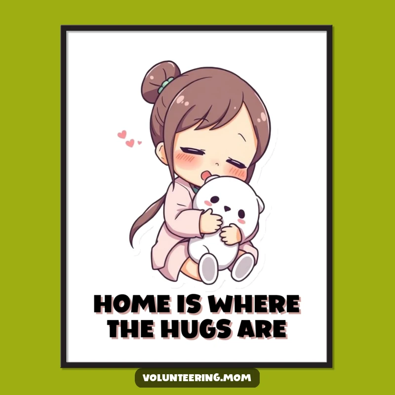 Free Printable Wall Art: Relieved Mom Hugging Toy Funny Downloadable Decor