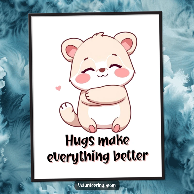 Funny Free Printable Kawaii Mom Wall Art: Kawaii mom animal character giving a big, warm hug, radiating comfort.