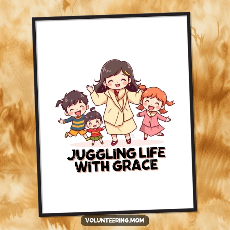 Funny Free Printable Wall Art: A mom with a cheerful smile juggles multiple children, celebrating the joys of motherhood.
