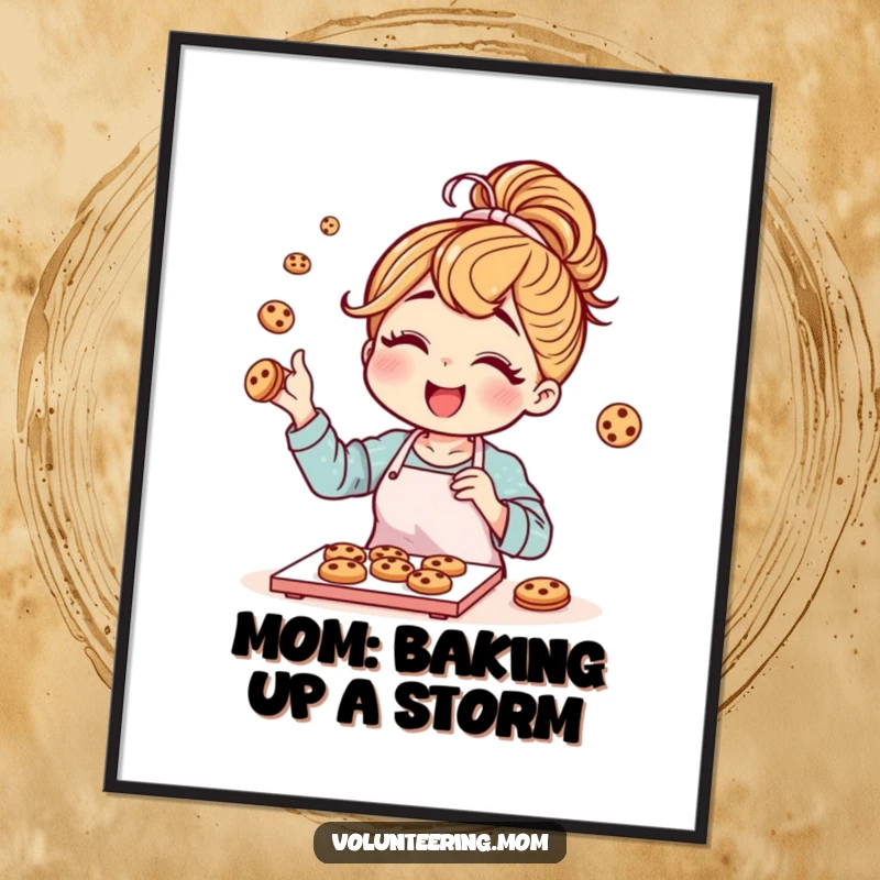 Funny free printable wall art depicting a mom character with a messy bun, joyfully baking cookies. Cozy and cheerful.