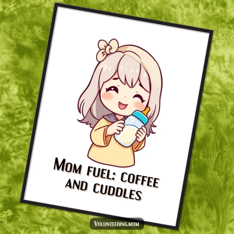 Funny Free Printable Wall Art: Mom character smiling, holding out a baby bottle, perfect for nursery decor.