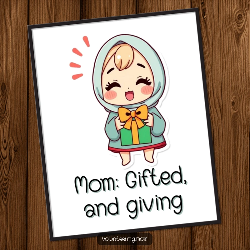 Funny Free Printable Wall Art: Adorable kawaii mom character beaming with excitement while holding a beautifully wrapped gift.