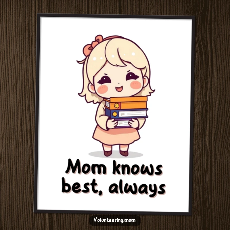 Funny Free Printable Wall Art: Mom character confidently holding a large stack of books, offering a knowing, friendly smile.