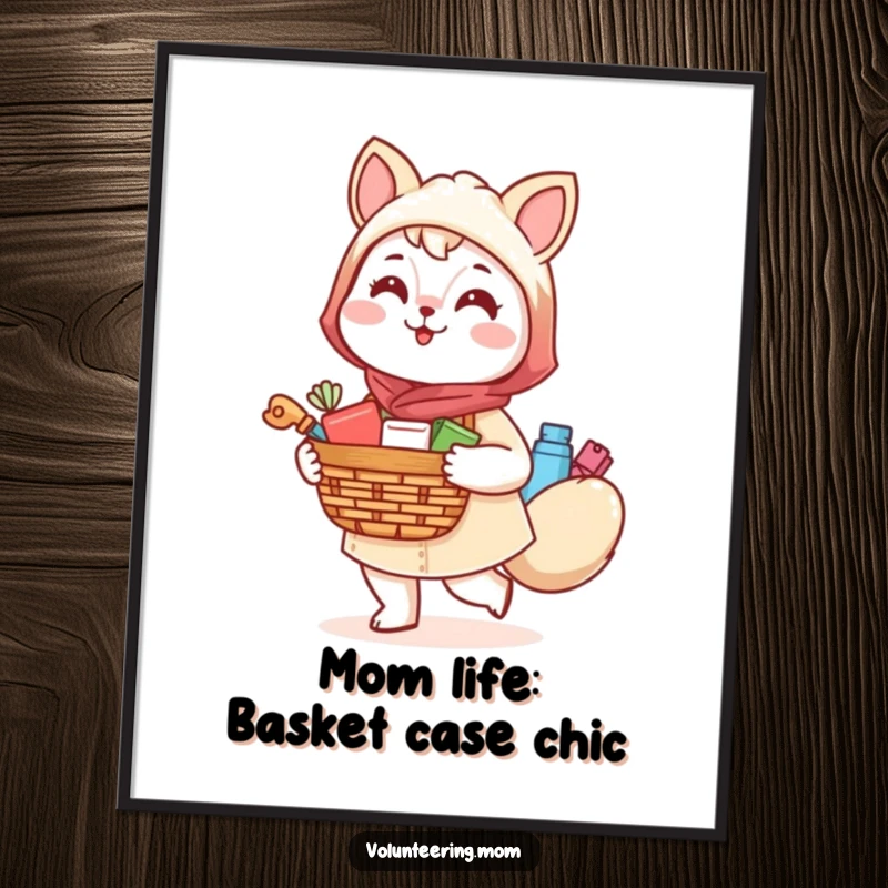 Funny Free Printable Wall Art of a cheerful Kawaii mom animal carrying a basket of supplies, adding charm to any room.