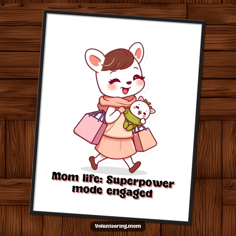 Funny Free Printable Wall Art: A capable Mom animal expertly balances a baby and shopping bags, representing busy maternal life.