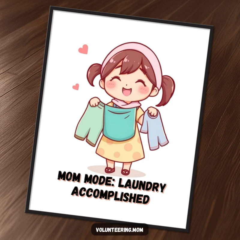 Funny Free Printable Wall Art depicting a serenely humming mom carrying a basket of clean laundry, embodying domestic bliss and humor.