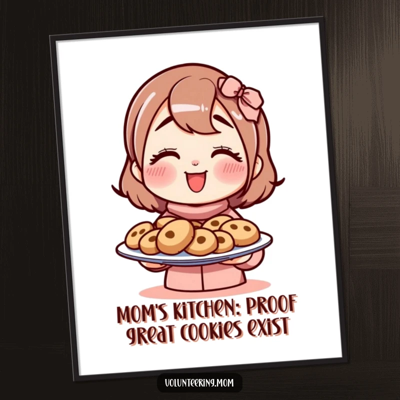 Funny Free Printable Wall Art: A mom character enthusiastically offers a plate overflowing with delicious cookies, full of warmth.