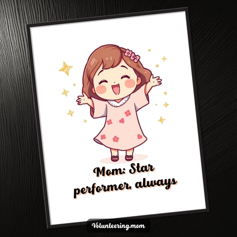 Funny Free Printable Wall Art: Mom character celebrating with a high-energy happy dance amidst a cascade of glittery stars.