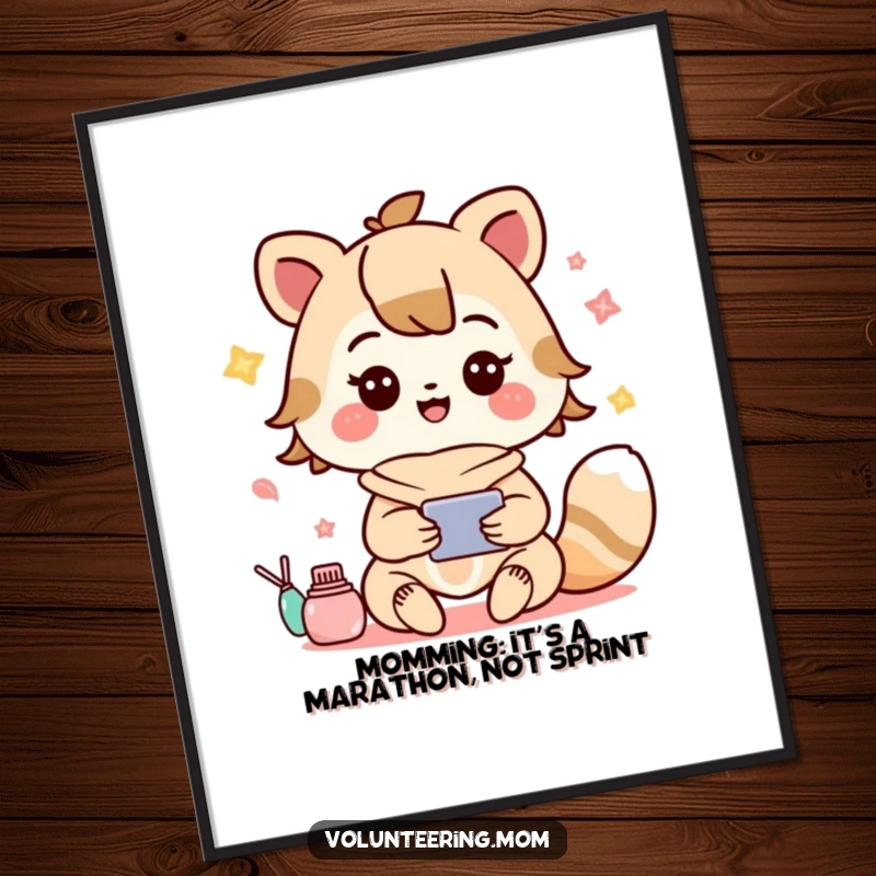 Funny free printable Kawaii mom animal character joyfully managing chaos, delightful downloadable wall art for home.