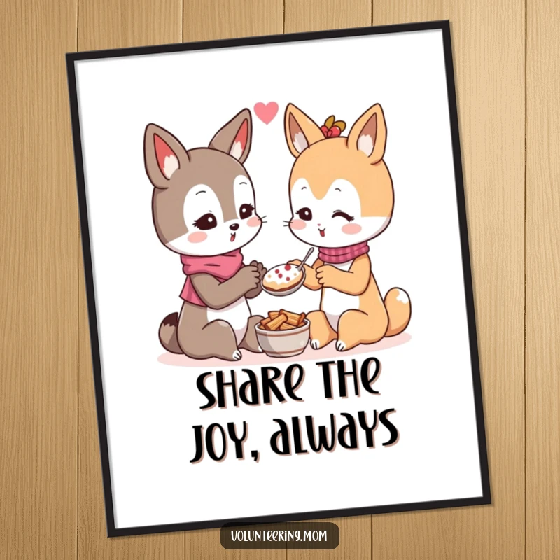 Free Printable Wall Art of a benevolent Kawaii mom animal character generously sharing food with another character.