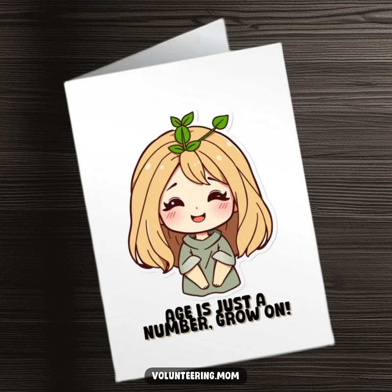 Funny Free Printable Birthday Card: Smiling mom with a green sprout growing from her hair, radiating birthday cheer.