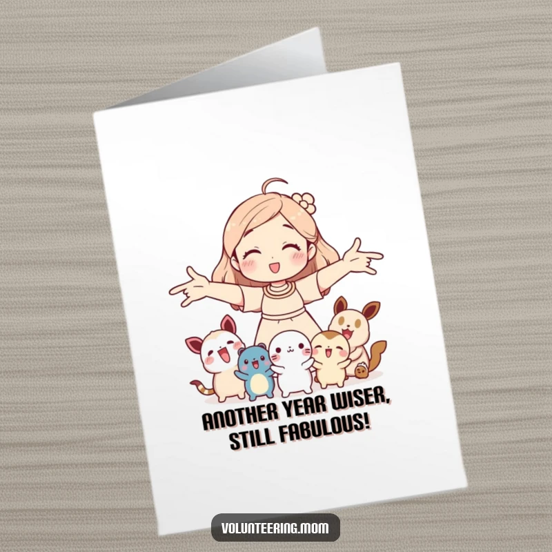 Funny Free Printable Birthday Card: Mom with open arms welcoming cute little creatures, a sweet DIY present.
