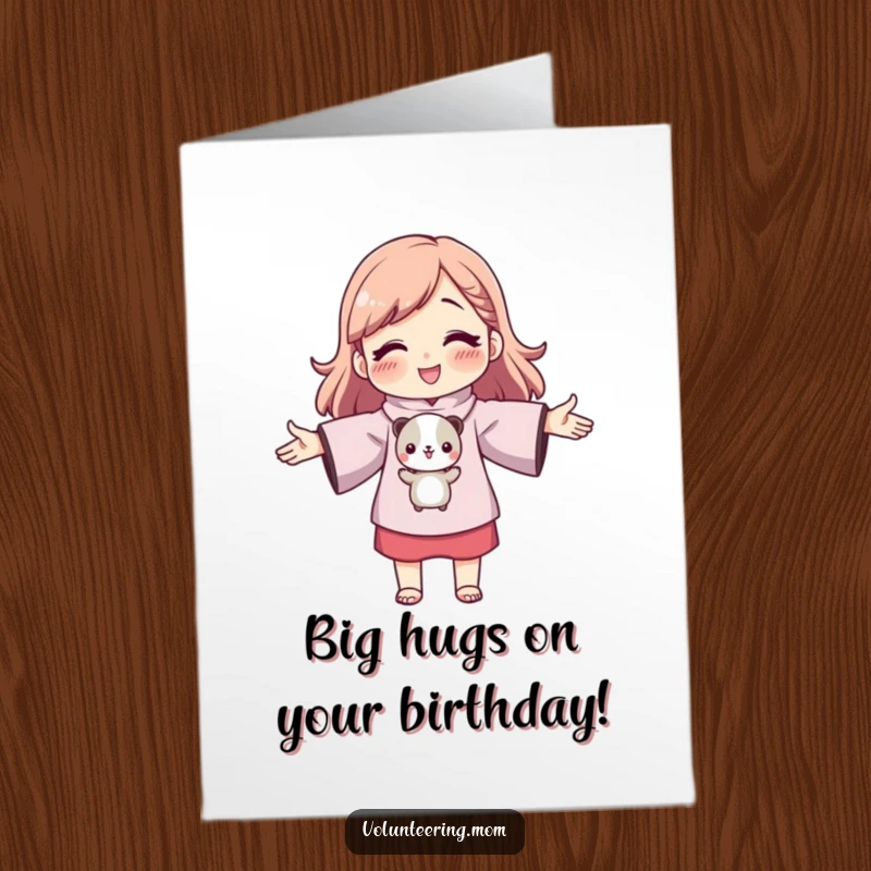 Funny Free Printable Birthday Card of a mom character with open arms ready to hug a small animal. A loving and humorous downloadable gift.