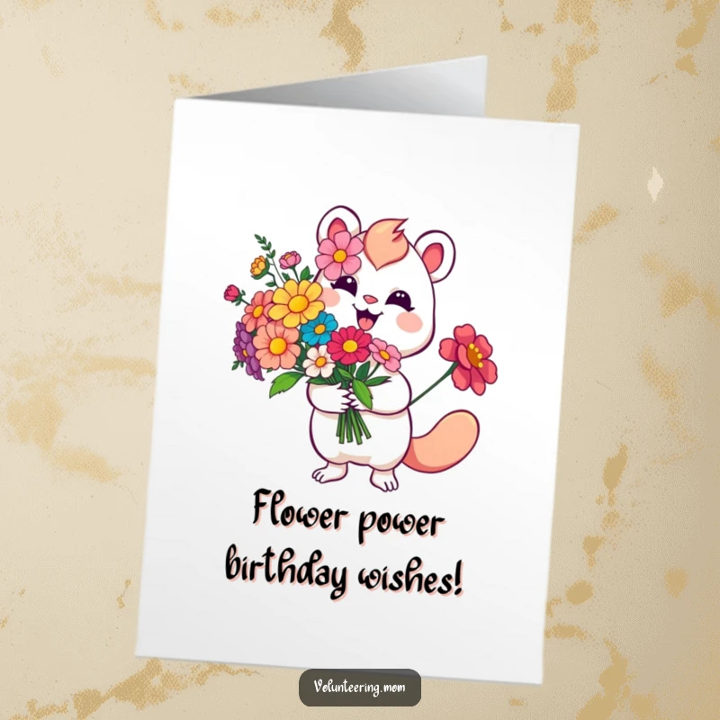 Funny Free Printable Birthday Card: Whimsical creature with a big smile offering a vibrant bouquet of flowers.