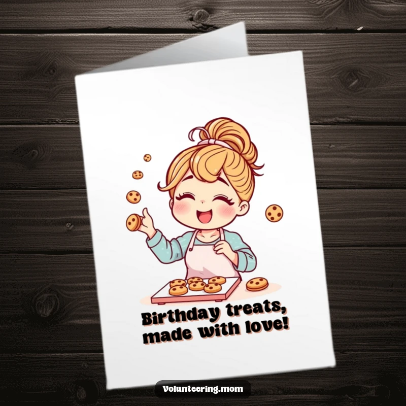 Funny free printable birthday card of a mom character with a messy bun joyfully baking cookies. Cheerful and relatable.