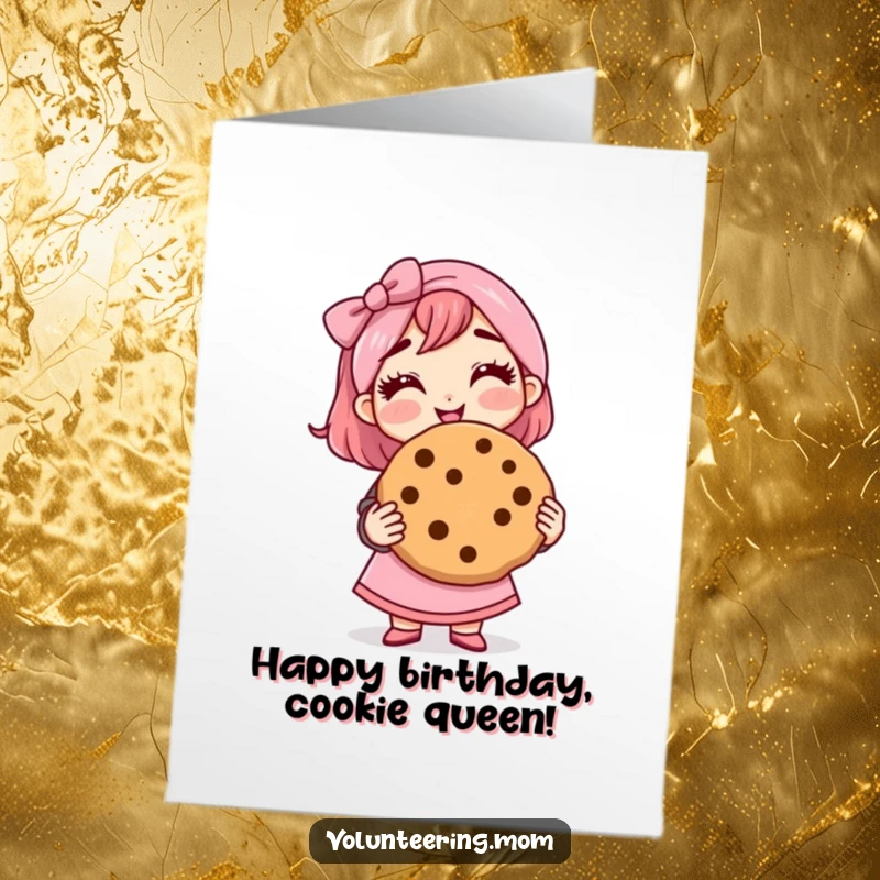Funny Free Printable Birthday Card: Cute mom character proudly holding a giant cookie with a happy grin, celebrating a birthday.