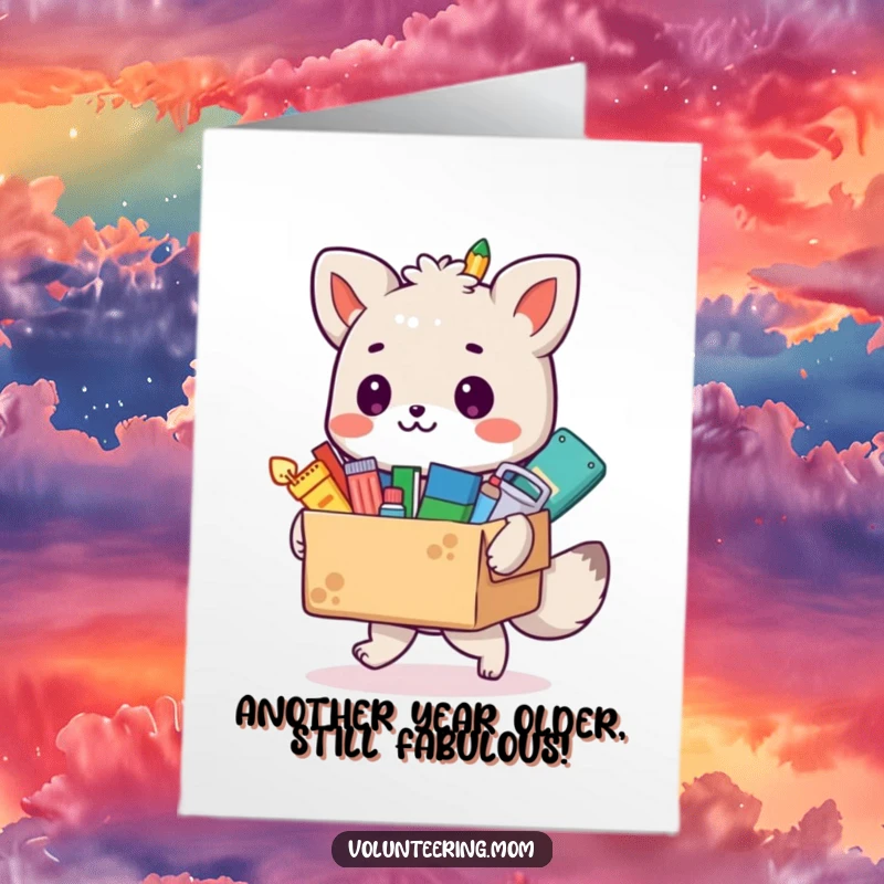 Funny Free Printable birthday card: A happy animal spills out colorful art supplies, ready for a celebration.