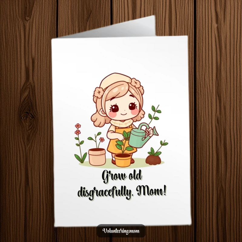 Funny Free Printable Birthday Card: Kawaii Mom happily gardening, watering can in hand, surrounded by flowers, ready to celebrate.