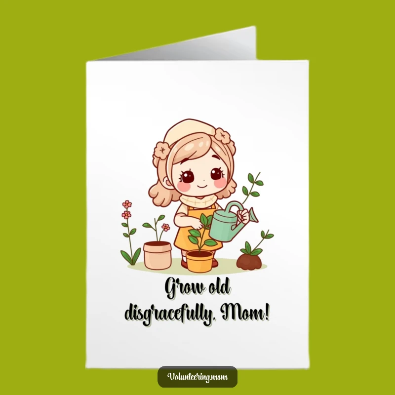 Free Printable Birthday Card: Funny Gardening Mom, Cute Kawaii Design for a Blooming Great Day