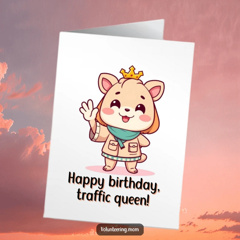 Funny free printable birthday card featuring a cheerful mom animal expertly directing traffic with a wave.