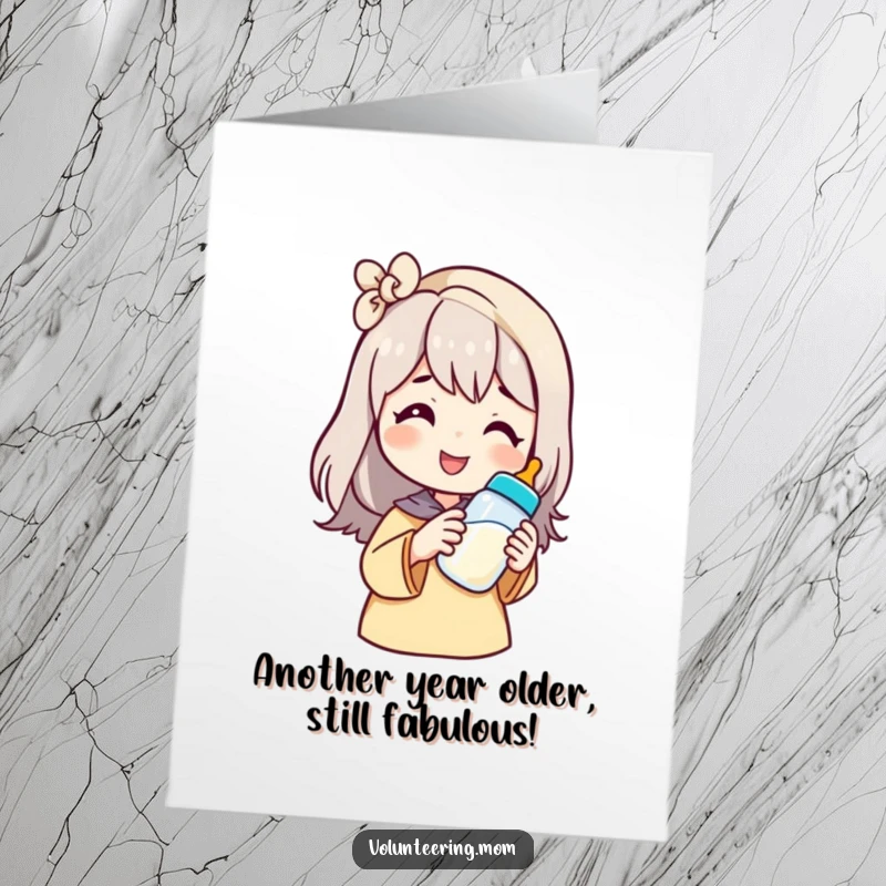 Funny Free Printable Birthday Card: Smiling Mom offering baby bottle with a gentle, loving gesture.