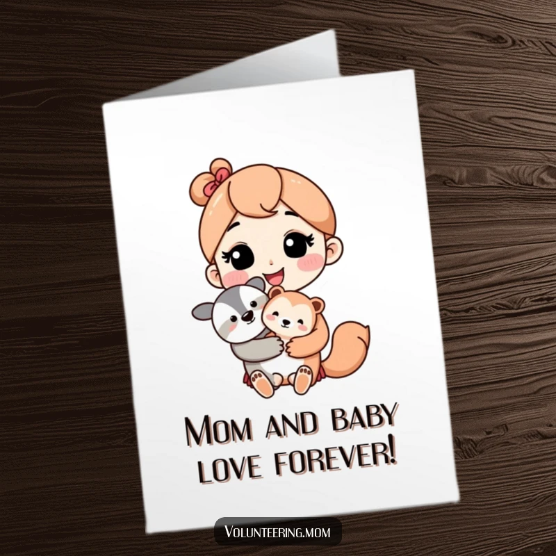 Cute free printable birthday card of a kawaii mom character with a loving smile holding a tiny baby animal. Adorable and sweet.