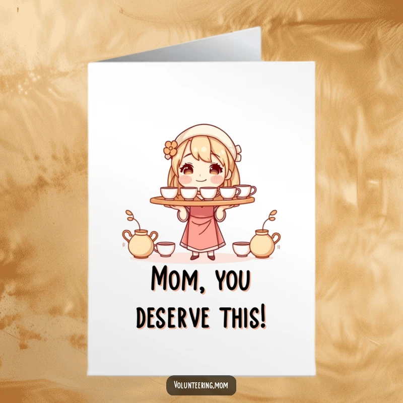 Funny Free Printable Birthday Card: A mom character expertly balances a tray laden with steaming cups, perhaps a much-needed coffee.
