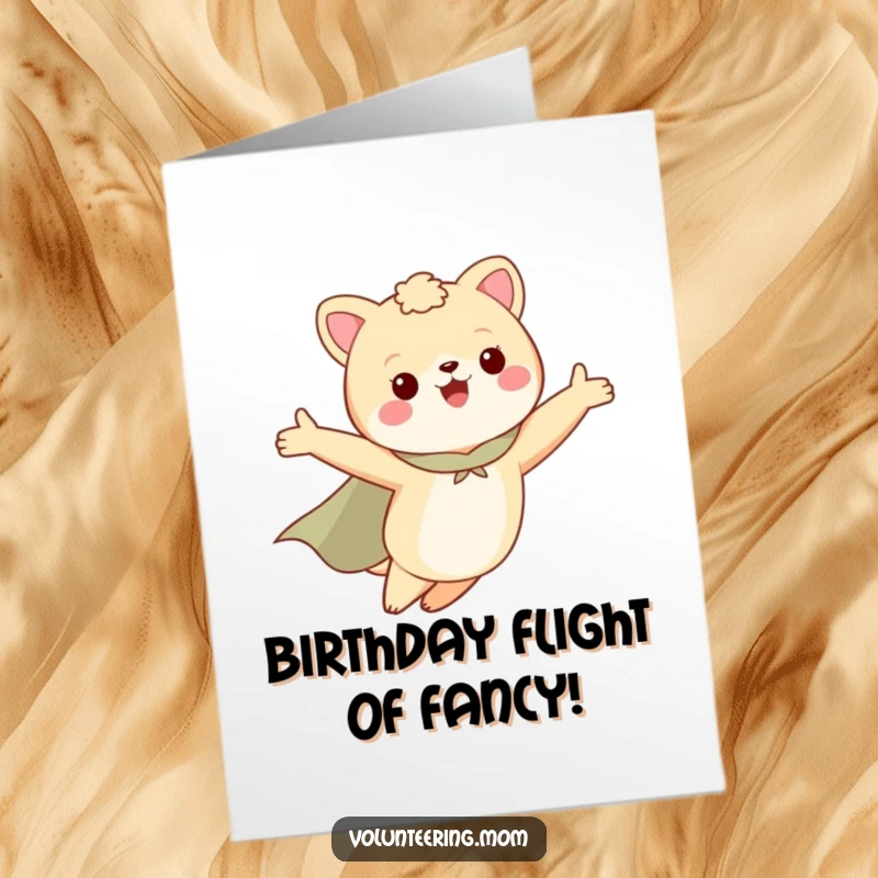 Free Printable Birthday Card: A Mom animal heroically flies with a cape and outstretched arms, celebrating her amazing strength.