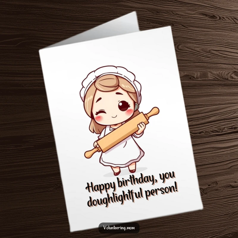Funny Free Printable Birthday Card: Mom character in apron winking, holding a rolling pin playfully