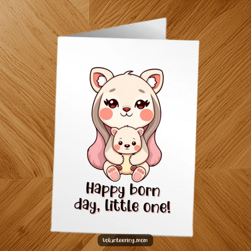 Funny Free Printable Kawaii Mom Animal Birthday Card: Sweet mom holding baby, a heartwarming downloadable greeting.