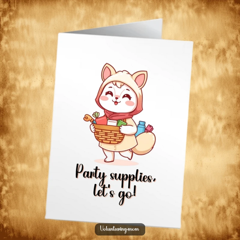 Funny Free Printable Birthday Card featuring a cheerful Kawaii mom animal carrying a basket of supplies, ready for a celebration.