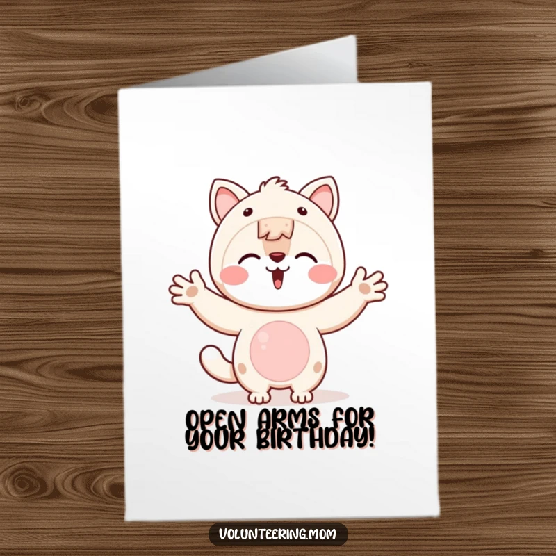 Funny Free Printable Kawaii Mom Birthday Card: Kawaii mom animal character with open arms, inviting connection, downloadable greeting.