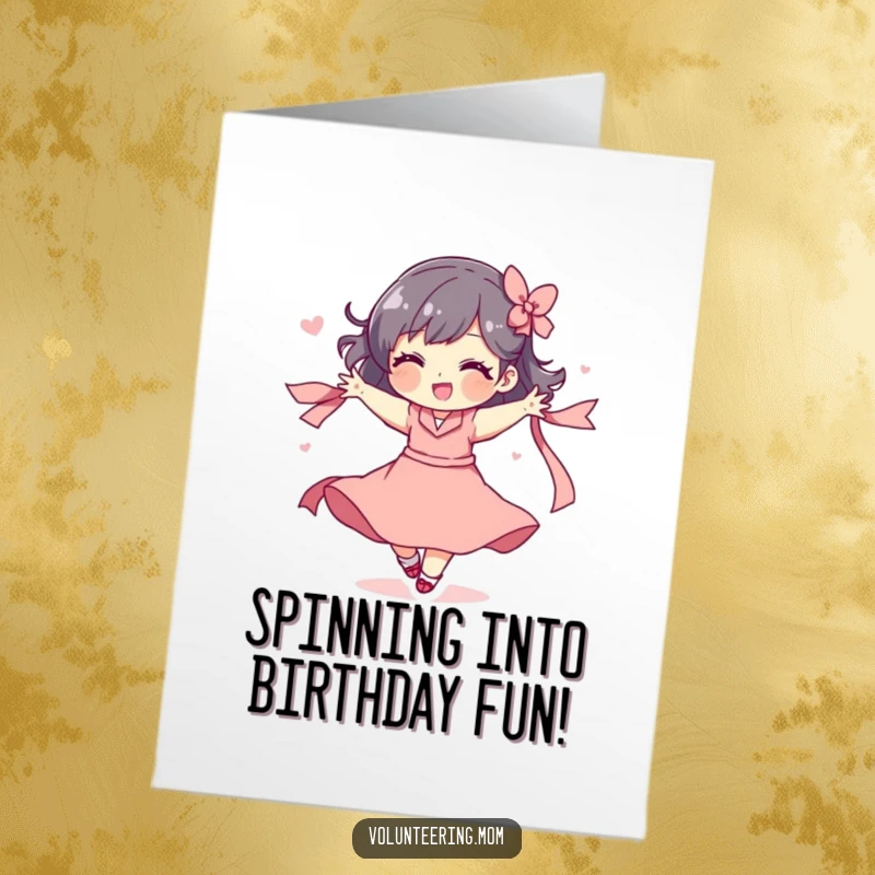 Funny Free Printable Birthday Card: Mom character playfully spinning with a flowing ribbon, radiating pure birthday happiness.