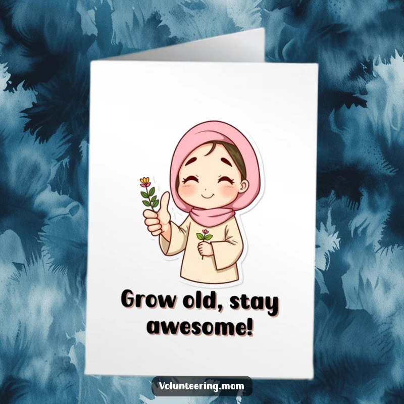 Funny Free Printable Birthday Card: Mom giving a thumbs up while happily holding a small potted plant.