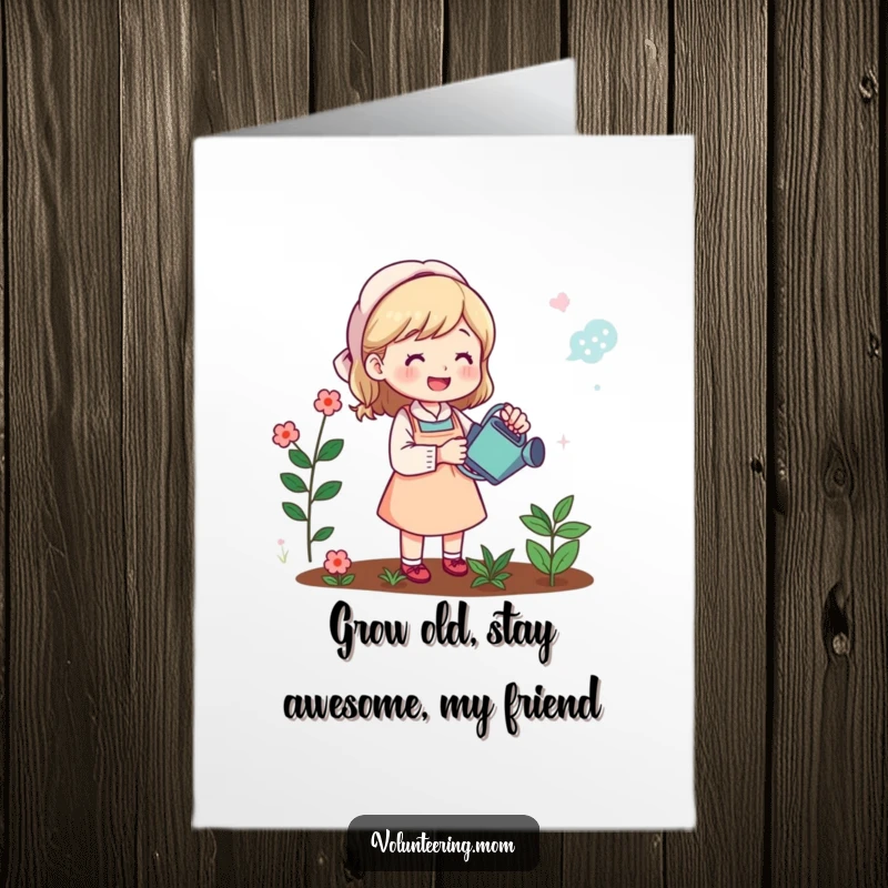 Funny Free Printable Birthday Card: Mom happily watering her blooming garden, a cheerful DIY gift idea.