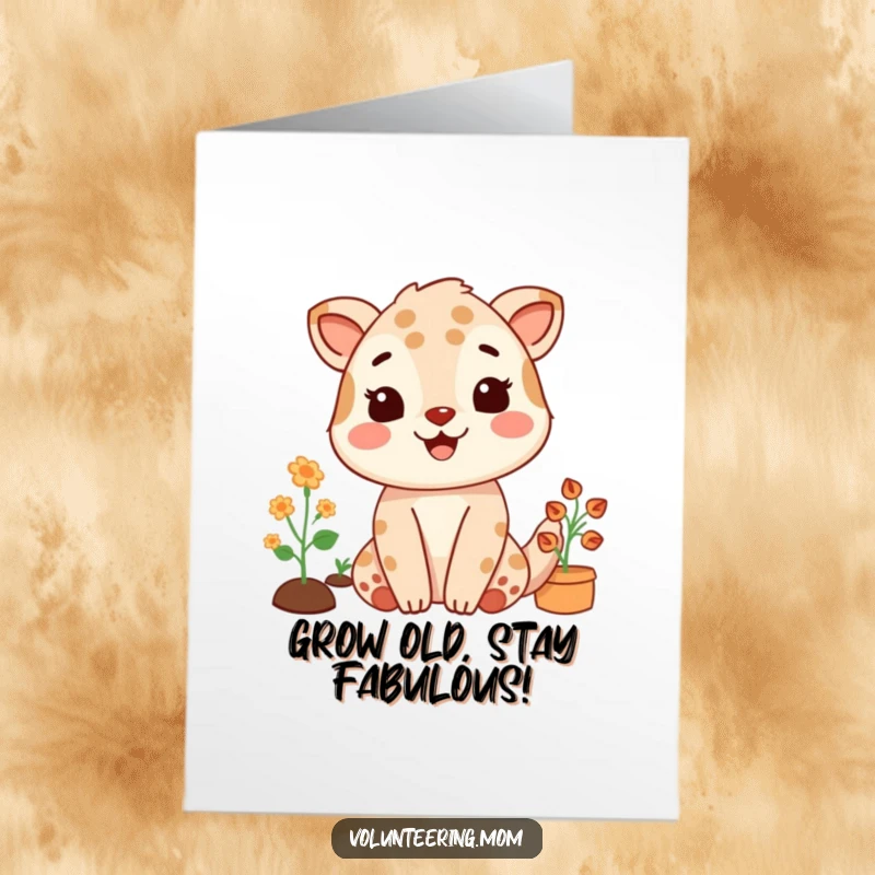 Free Printable Birthday Card: A smiling Mom animal happily tends her garden, radiating peaceful satisfaction.