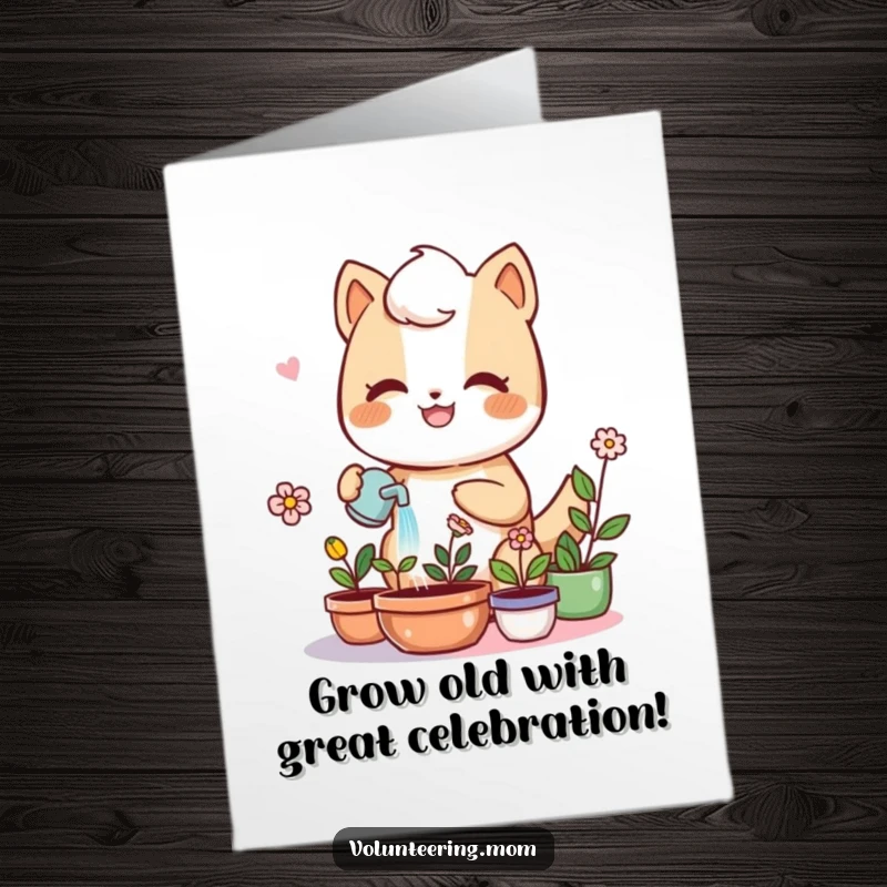 Funny Free Printable Birthday Card featuring a kawaii mom animal character joyfully watering her plants. A delightful and humorous downloadable gift.