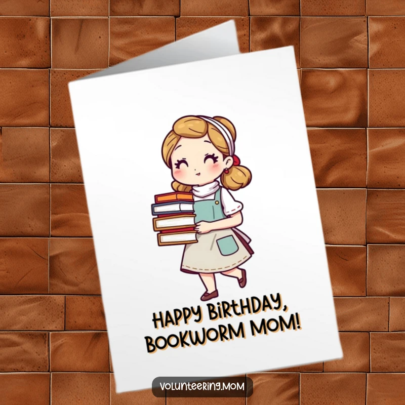 Funny Free Printable Birthday Card: A mom wearing an apron carries a tall stack of books, smiling warmly.