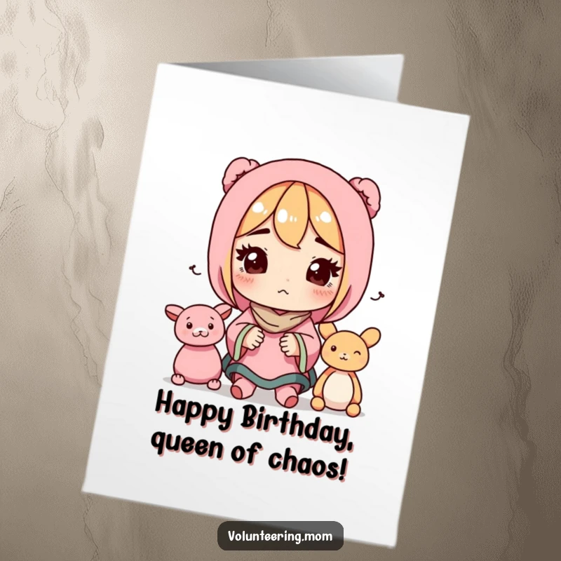 Funny Free Printable Birthday Card: Mom determinedly organizing toys with a hilarious, focused expression.