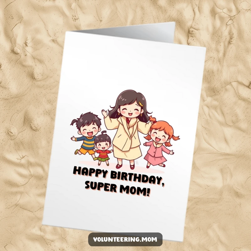 Funny Free Printable Birthday Card: A cheerful mom juggles several kids with a big smile.