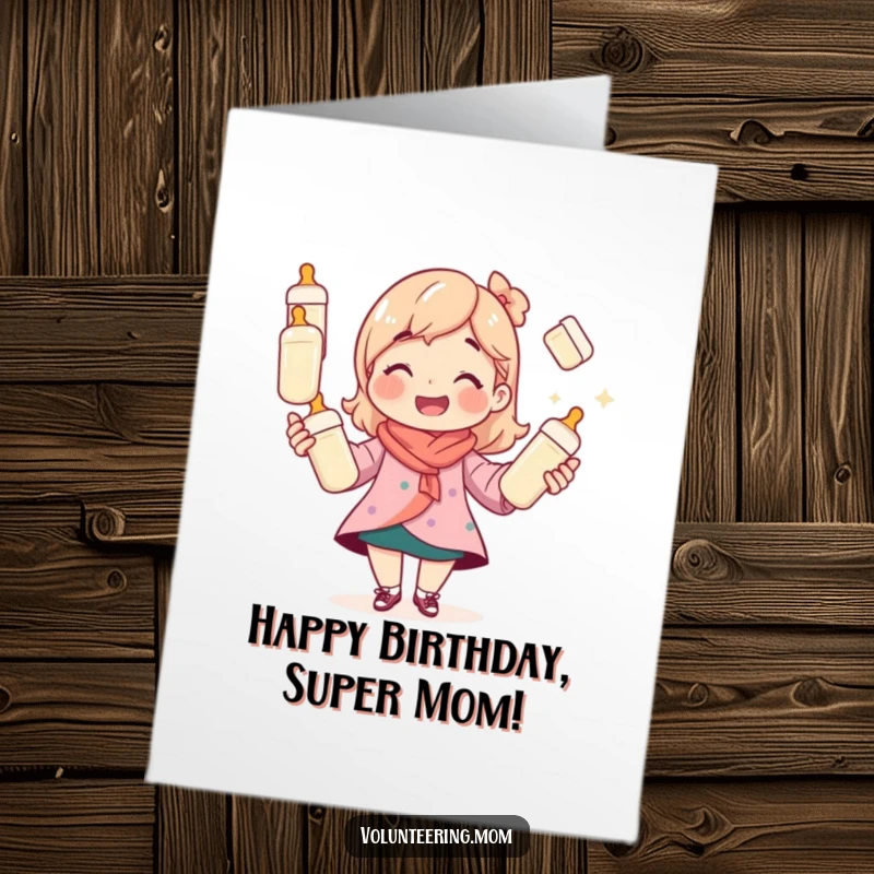 Funny Free Printable Birthday Card: Mom character smiles while expertly juggling multiple baby bottles, celebrating a birthday.