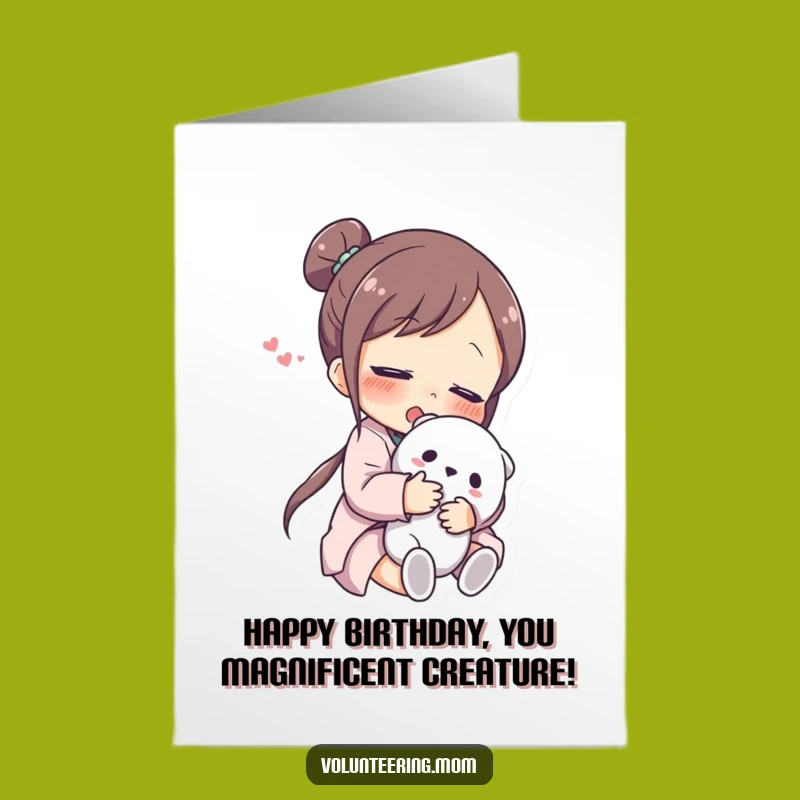 Free Printable Birthday Card: Relieved Mom Hugging Toy Funny Downloadable Gift