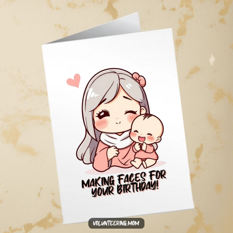 Funny Free Printable Birthday Card: A mom making a hilarious goofy face to make a child erupt in laughter, pure joy.