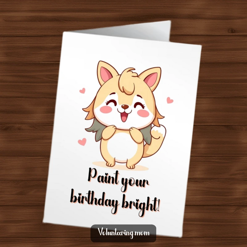 Free Printable Birthday Card: An enthusiastic Mom animal joyfully paints a vibrant picture, celebrating her creative spirit.